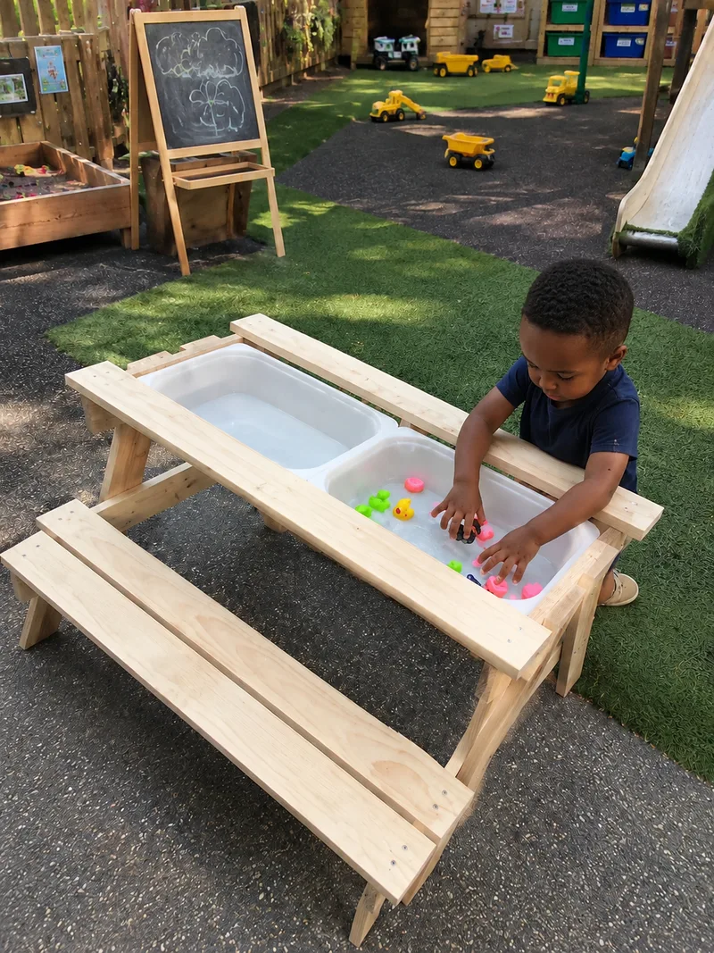 Wooden child-sized picnic table with two white tubs set into the top, one filled with water and toys.