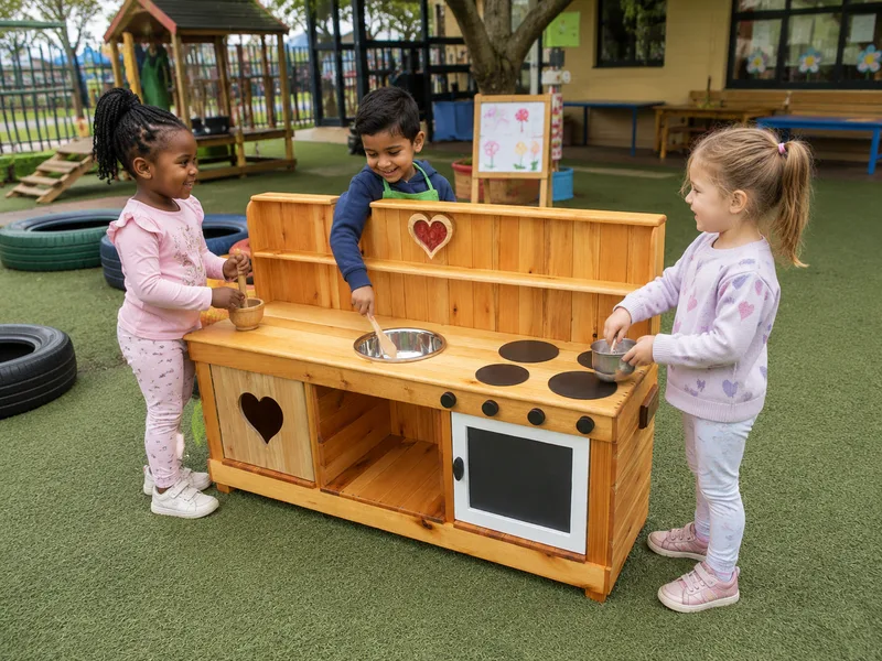 Long wooden mud kitchen with a stainless sink bowl, painted hobs, an oven door and a heart-cut cupboard.